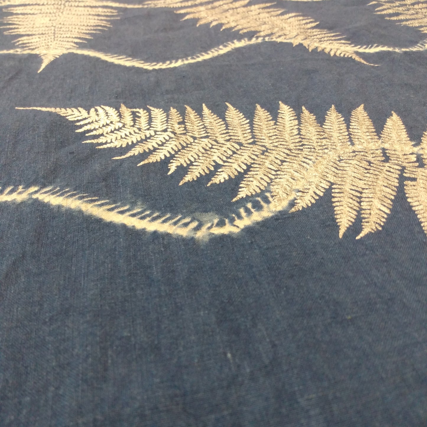 18" x 53" Blue Linen Table Runner with Stitch Resist Ink Print