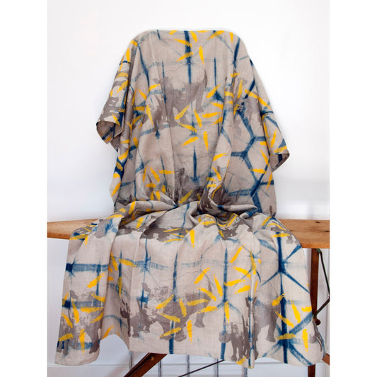 Indigo Dyed Linen with Printed Rhinos and Islands