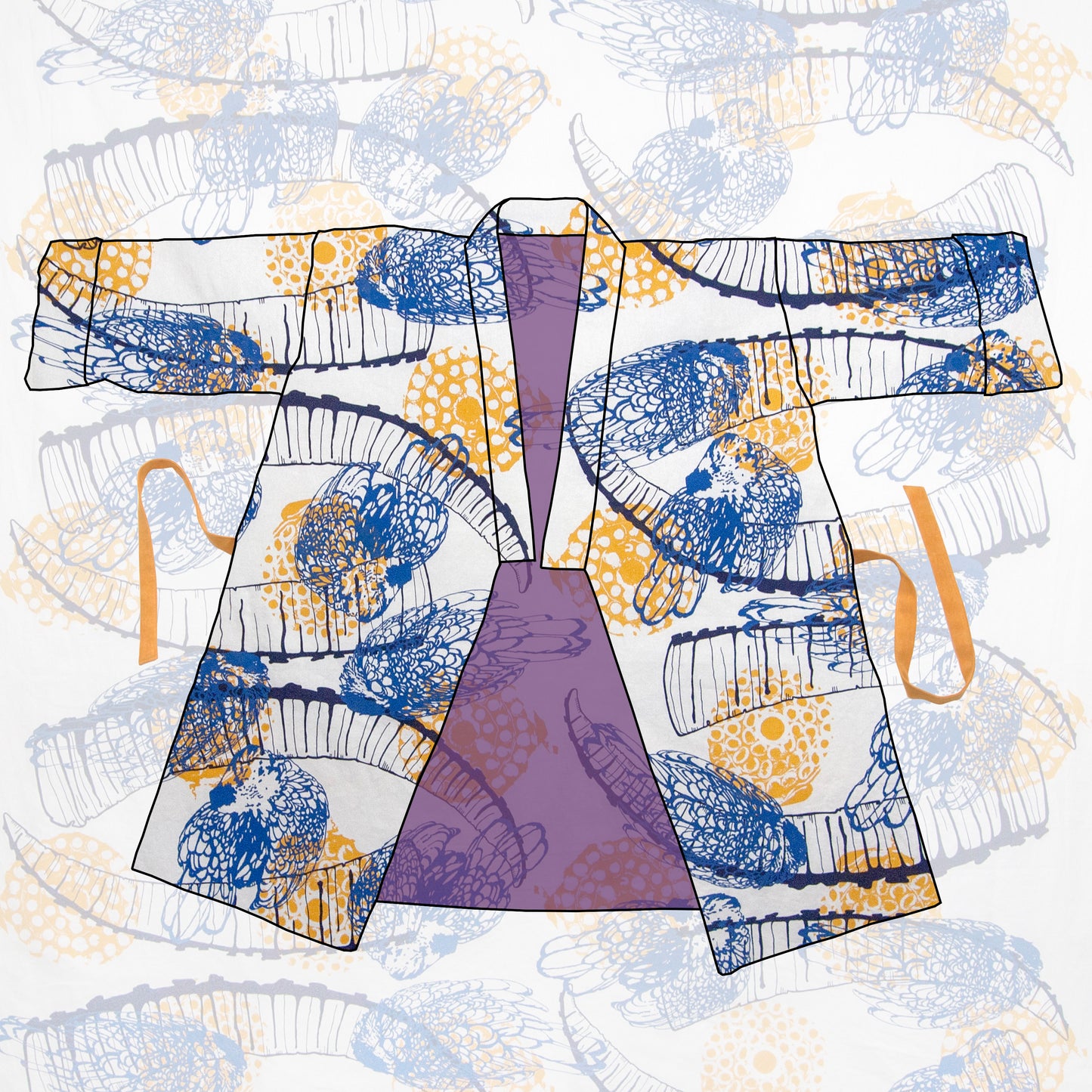 Hand Screenprinted Cotton/Linen by Yard // Yellow Fireworks, Navy Blue Ibex Horn, Medium Blue Chickens