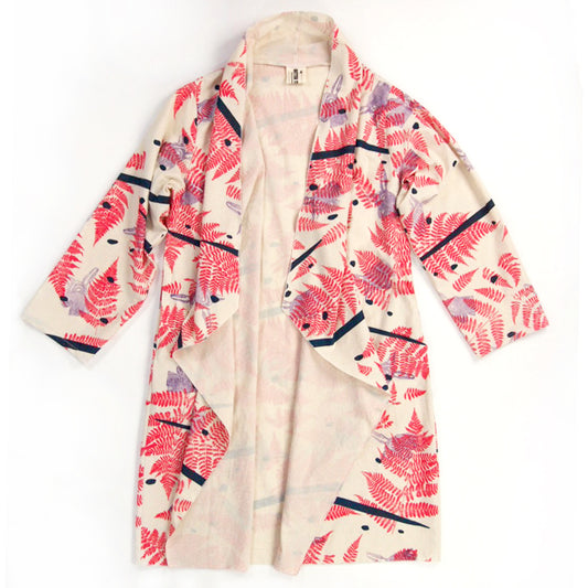 DUSTER: neutral cotton printed red, navy, purple