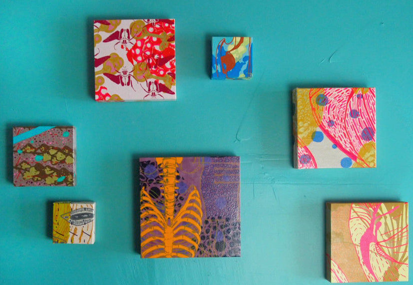 Pinks Painting + Silkscreen Textile Wall Art 8" x 8"
