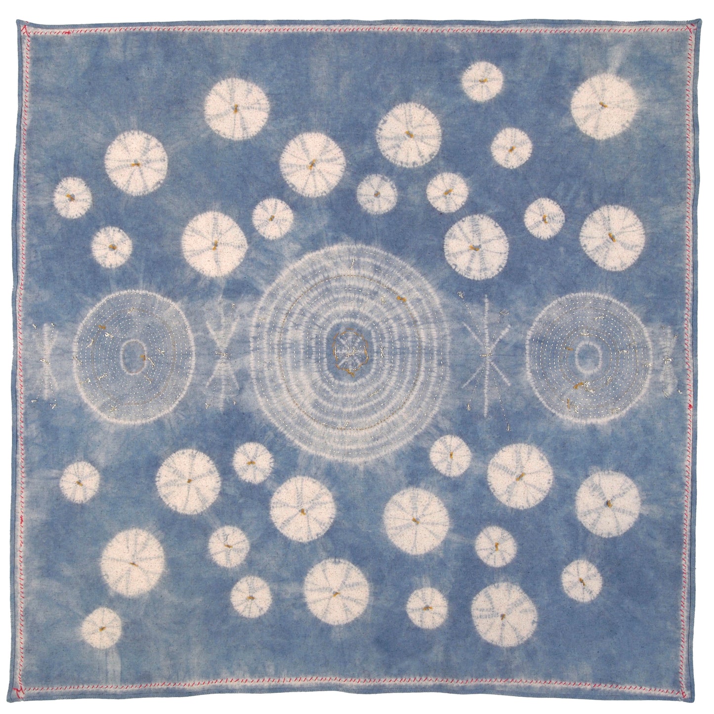 Stitching Resist Shibori + Embroidered Fabric; Pale Blue Bubbles