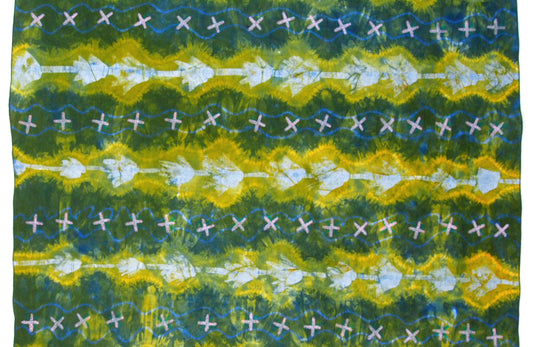 33" x 52.5" Yellow Green Blue Linen Table Runner with Wax and Ink Print