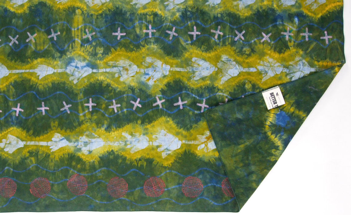 33" x 52.5" Yellow Green Blue Linen Table Runner with Wax and Ink Print
