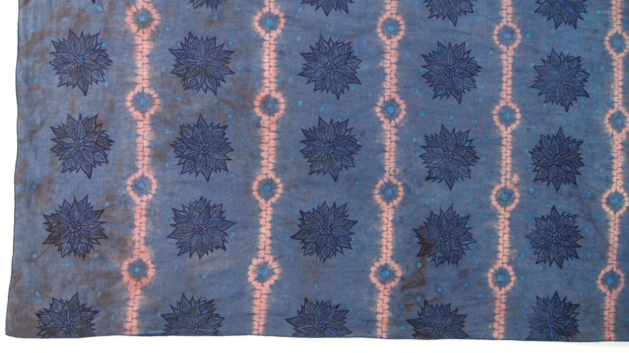 35.5" x 55" Rose and Blue Linen Table Runner with Wax and Ink Print
