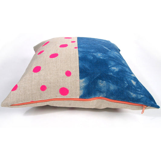 1/2 + 1/2 Hot Pink Polka Dot / Indigo Basketweave Heavy Linen Throws Pillow