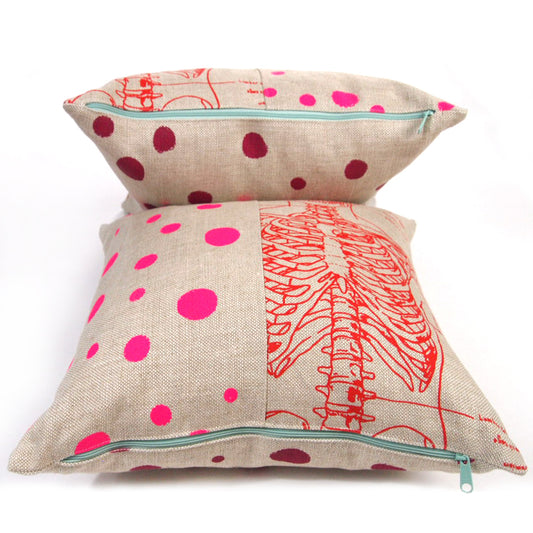 1/2 + 1/2 Hot Pink Polka Dot / Red Skeleton Basketweave Heavy Linen Throws Pillows