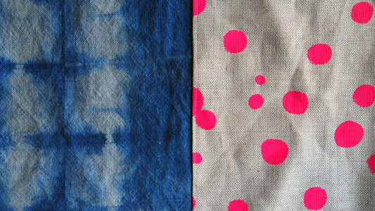 1/2 + 1/2 Hot Pink Polka Dot / Indigo Basketweave Heavy Linen Throws Pillow