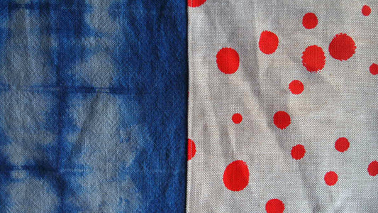 1/2 + 1/2 Red Polka Dots / Indigo Basketweave Heavy Linen Throws Pillow
