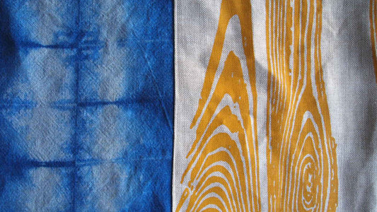 1/2 + 1/2 Mustard Yellow Wood Grain / Indigo Basketweave Heavy Linen Throws Pillow