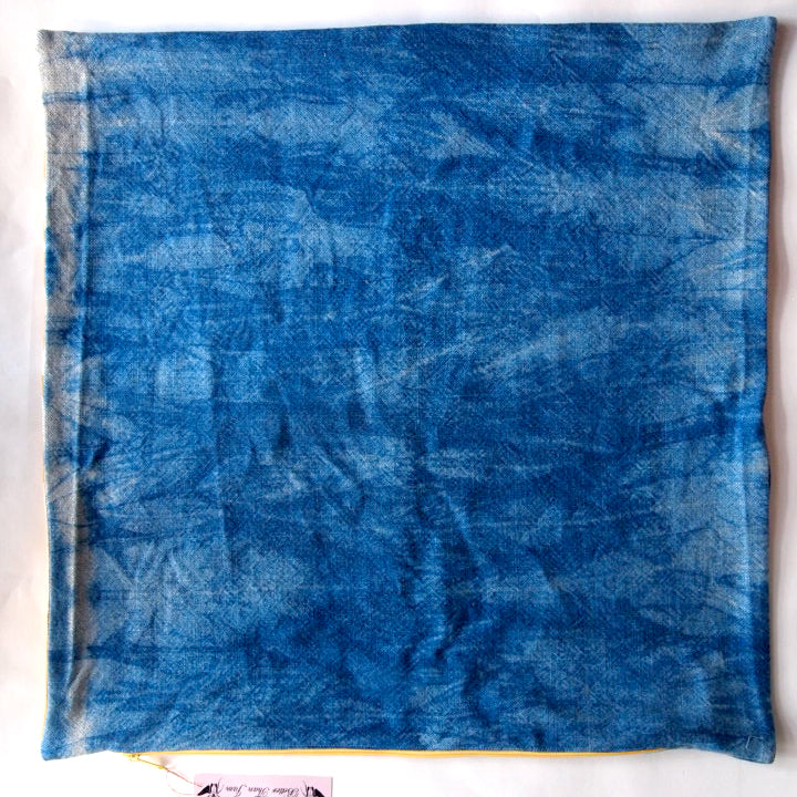 1/2 + 1/2 Mustard Yellow Wood Grain / Indigo Basketweave Heavy Linen Throws Pillow