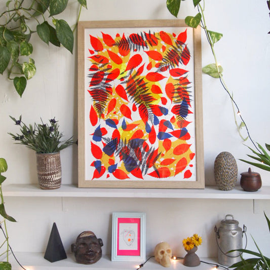 Navy Fern with Reds Screenprint on Paper 18" x 24"