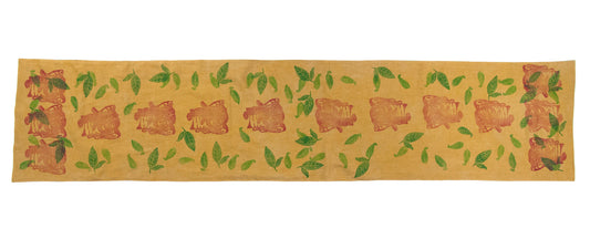 Mustard Yellow Linen Table Runner with Elephants Blockprint