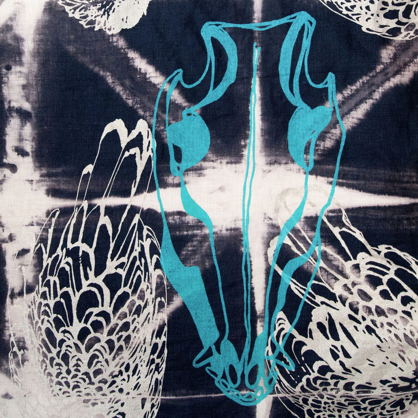 Padded Throw Anti Dyed Black Linen with Chicken and Skull Print