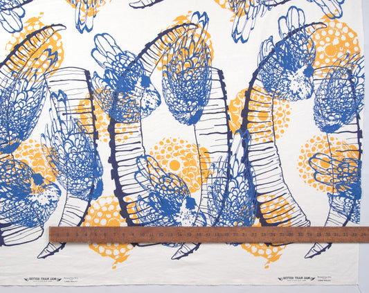 Hand Screenprinted Cotton/Linen by Yard // Yellow Fireworks, Navy Blue Ibex Horn, Medium Blue Chickens