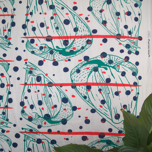 Hand Screenprinted Cotton/Linen by Yard // Navy,Turquoise, Fluorescent Red
