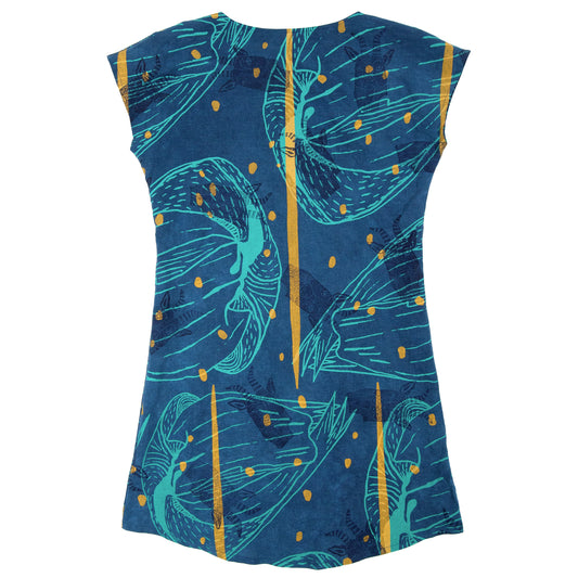 Indigo Dyed Linen Shift Dress with Goat Print