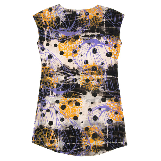 Anti-Dyed Linen Shift Dress with Coconut Polka Dot Print