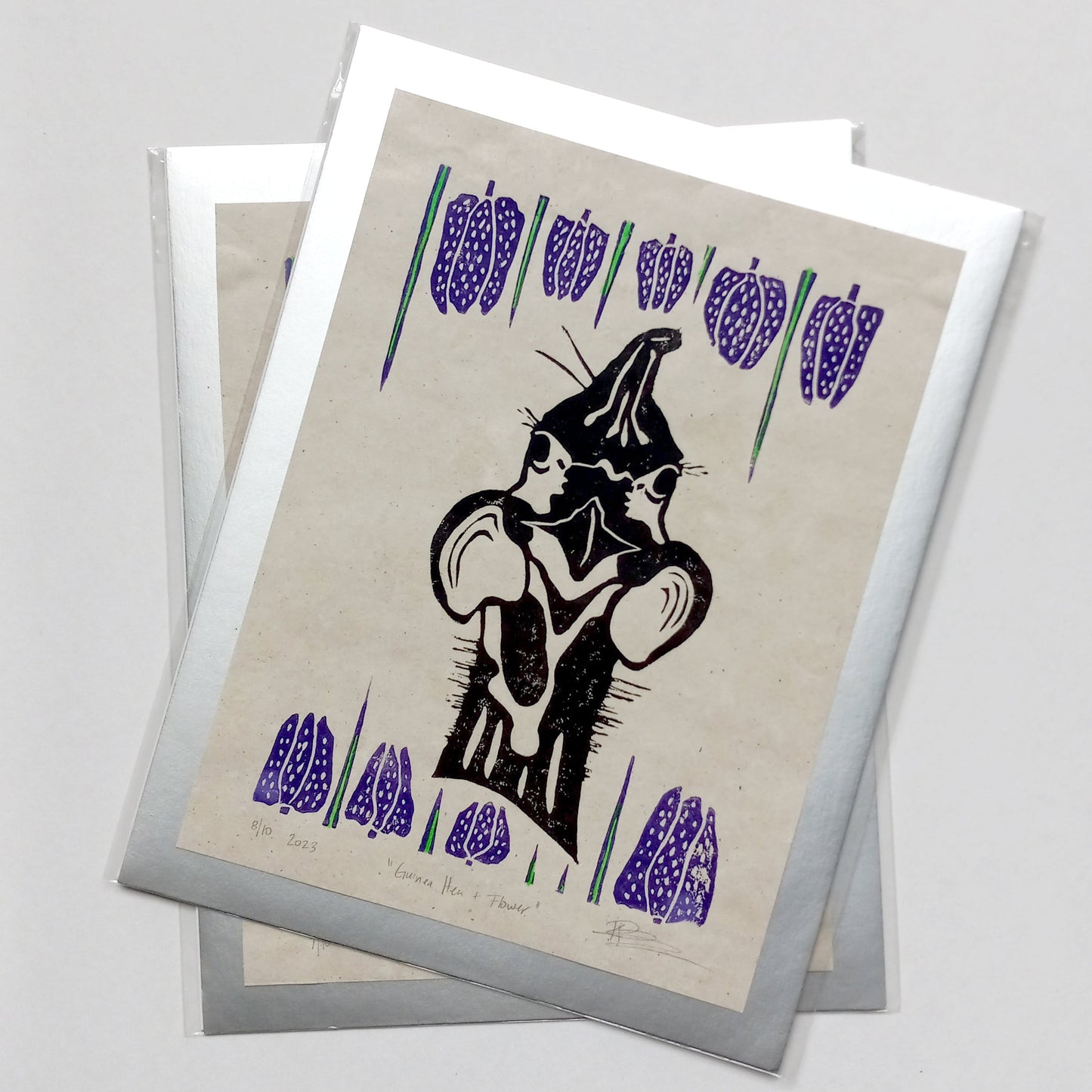 Guinea Hen + Guinea Hen Flowers on Paper 8.5" x 11" on handmade paper