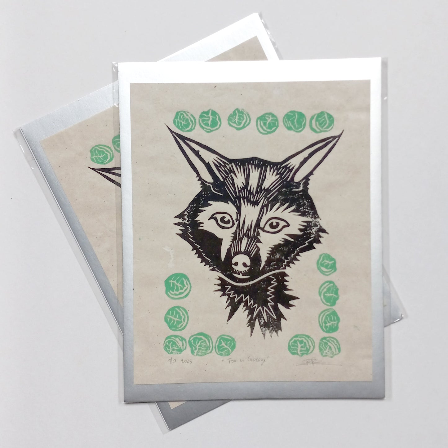 Fox + Cabbage on Paper 8.5" x 11" on handmade paper