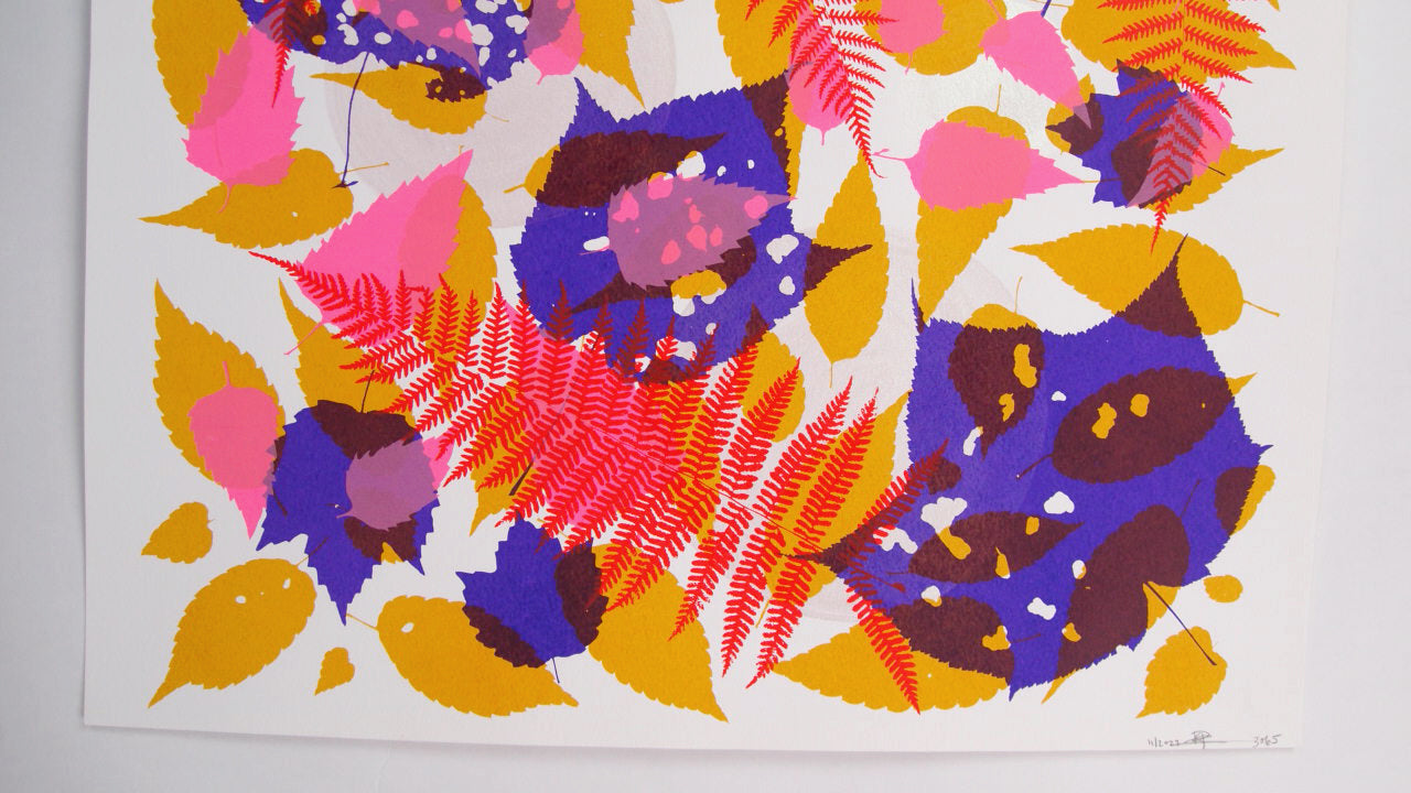 Red Fern with purple Ochre and Pink Leaves Screenprint on Paper