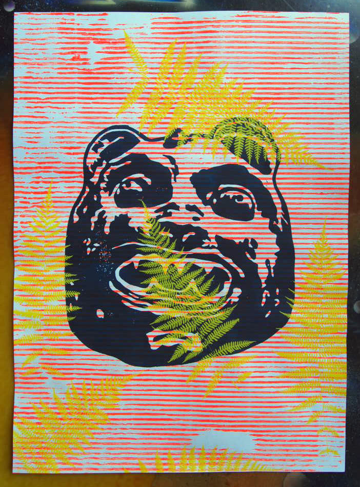 Bear Mask on Textured Background with Yellow Ferns // By Hand Screenprint