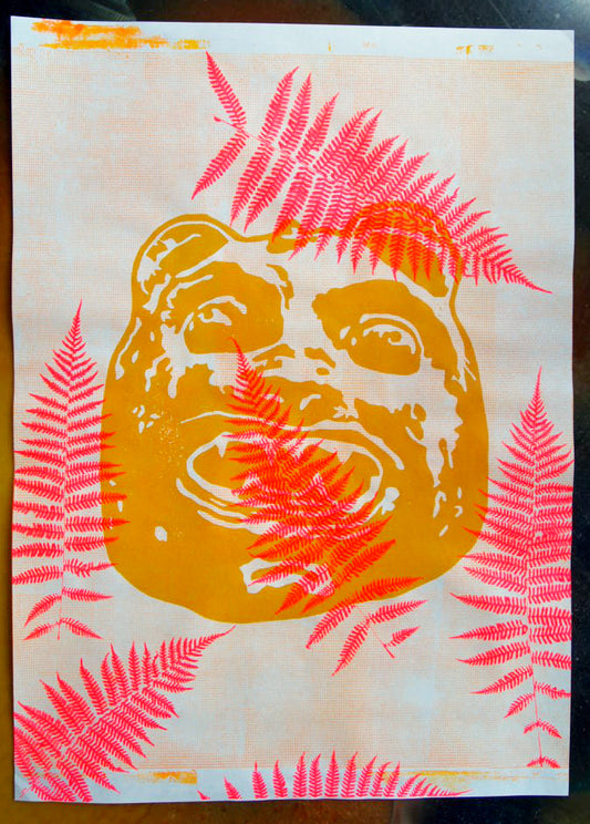 Bear Mask on Textured Background with Pink Ferns // By Hand Screenprint