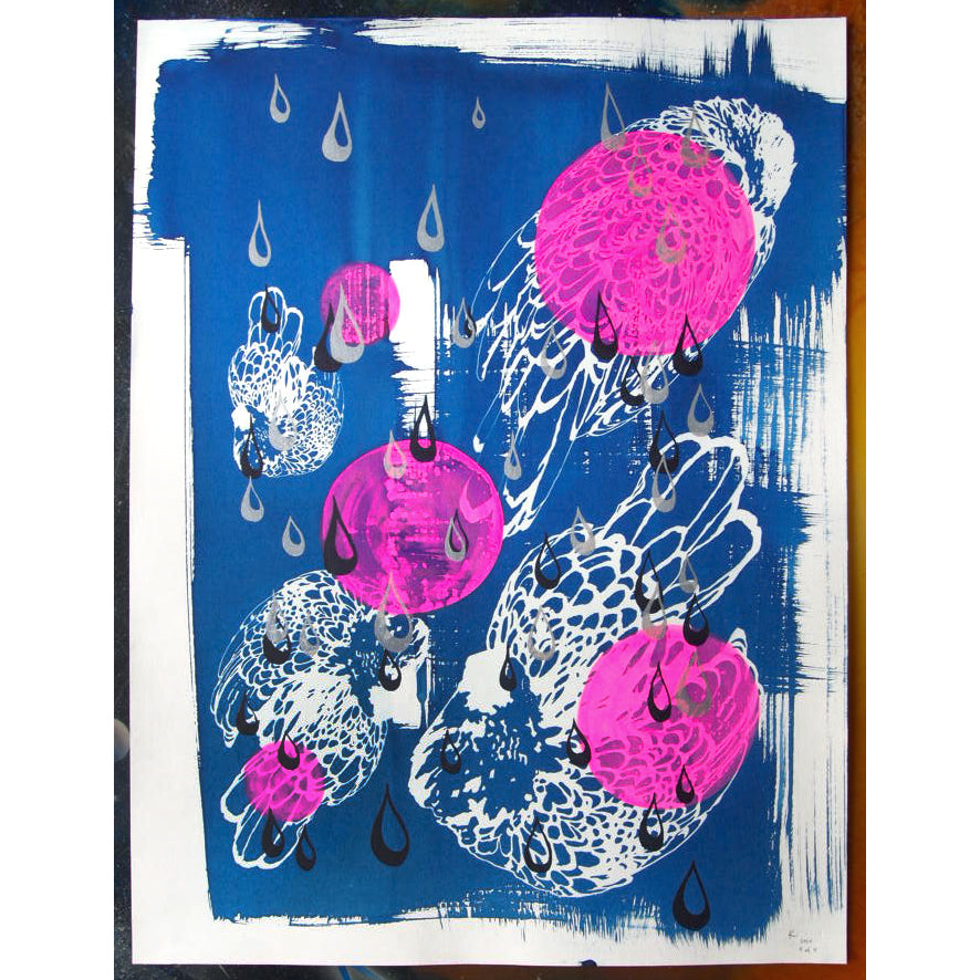 Cyanotype Sleeping Fancy Chickens and Raindrops Screenprint on Paper 18" x 24"