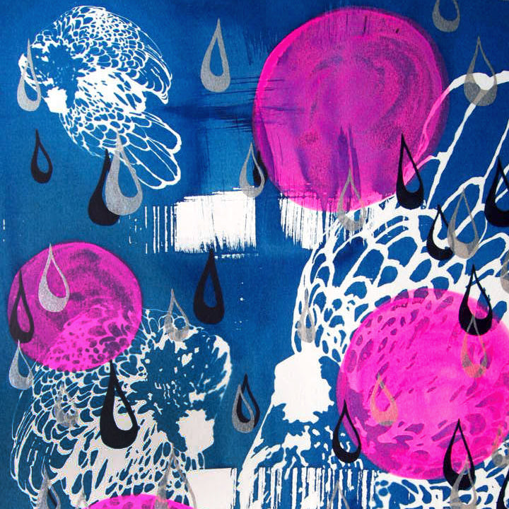 Cyanotype Sleeping Fancy Chickens and Raindrops Screenprint on Paper 18" x 24"