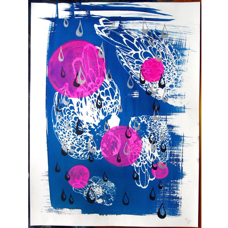 Cyanotype Sleeping Fancy Chickens and Raindrops Screenprint on Paper 18" x 24"