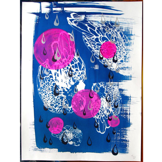 Cyanotype Sleeping Fancy Chickens and Raindrops Screenprint on Paper 18" x 24"