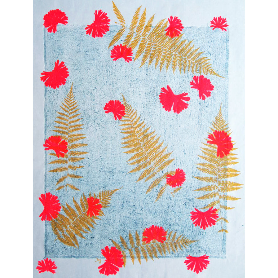 Fabric Collagraph and Floral + Fern Screenprint 18" x 24"
