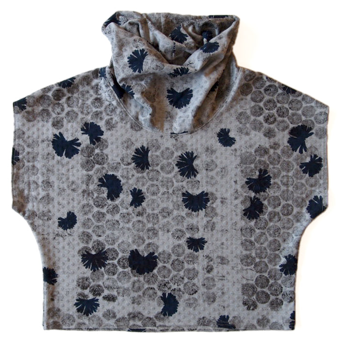 Grey Jersey with Polka Dots High Neck Cozy Top with Bubble Wrap and Weeds Print
