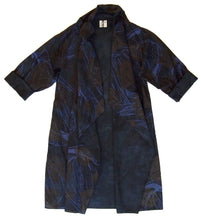 Load image into Gallery viewer, DUSTER: hand dyed black linen/cotton printed with purple and faint red
