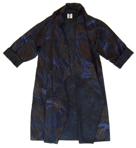 DUSTER: hand dyed black linen/cotton printed with purple and faint red