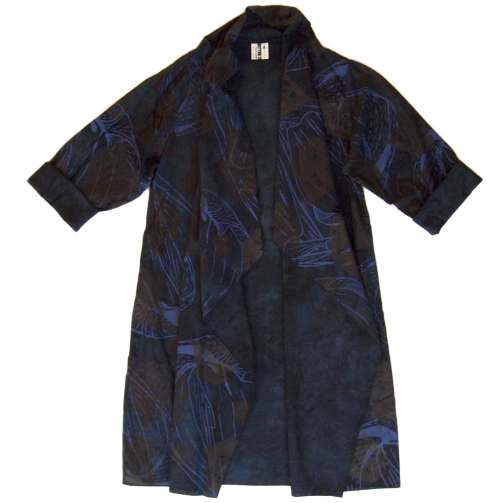 DUSTER: hand dyed black linen/cotton printed with purple and faint red