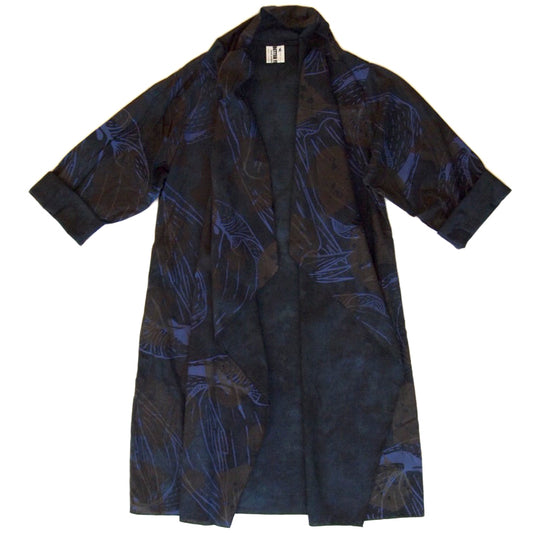 DUSTER: hand dyed black linen/cotton printed with purple and faint red