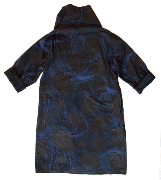 DUSTER: hand dyed black linen/cotton printed with purple and faint red