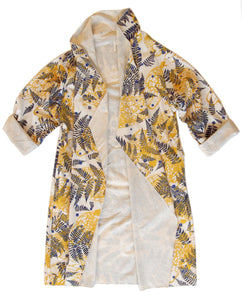 DUSTER: white linen cotton printed ochre yellow, navy, periwinkle 2