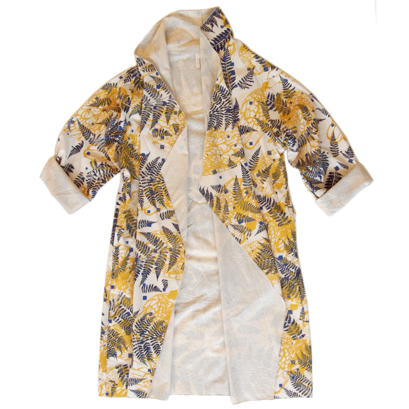 DUSTER: white linen cotton printed ochre yellow, navy, periwinkle 2