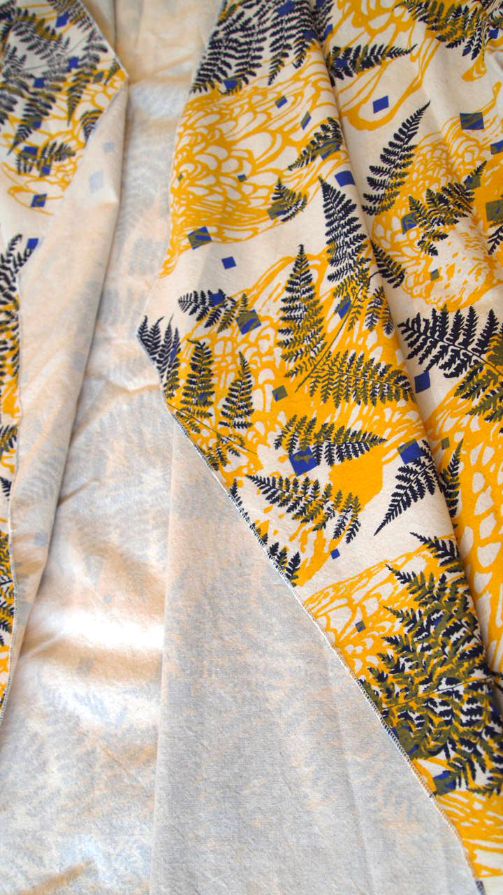 DUSTER: white linen cotton printed ochre yellow, navy, periwinkle 2