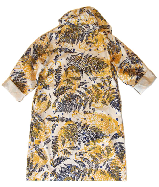 DUSTER: white linen cotton printed ochre yellow, navy, periwinkle 2