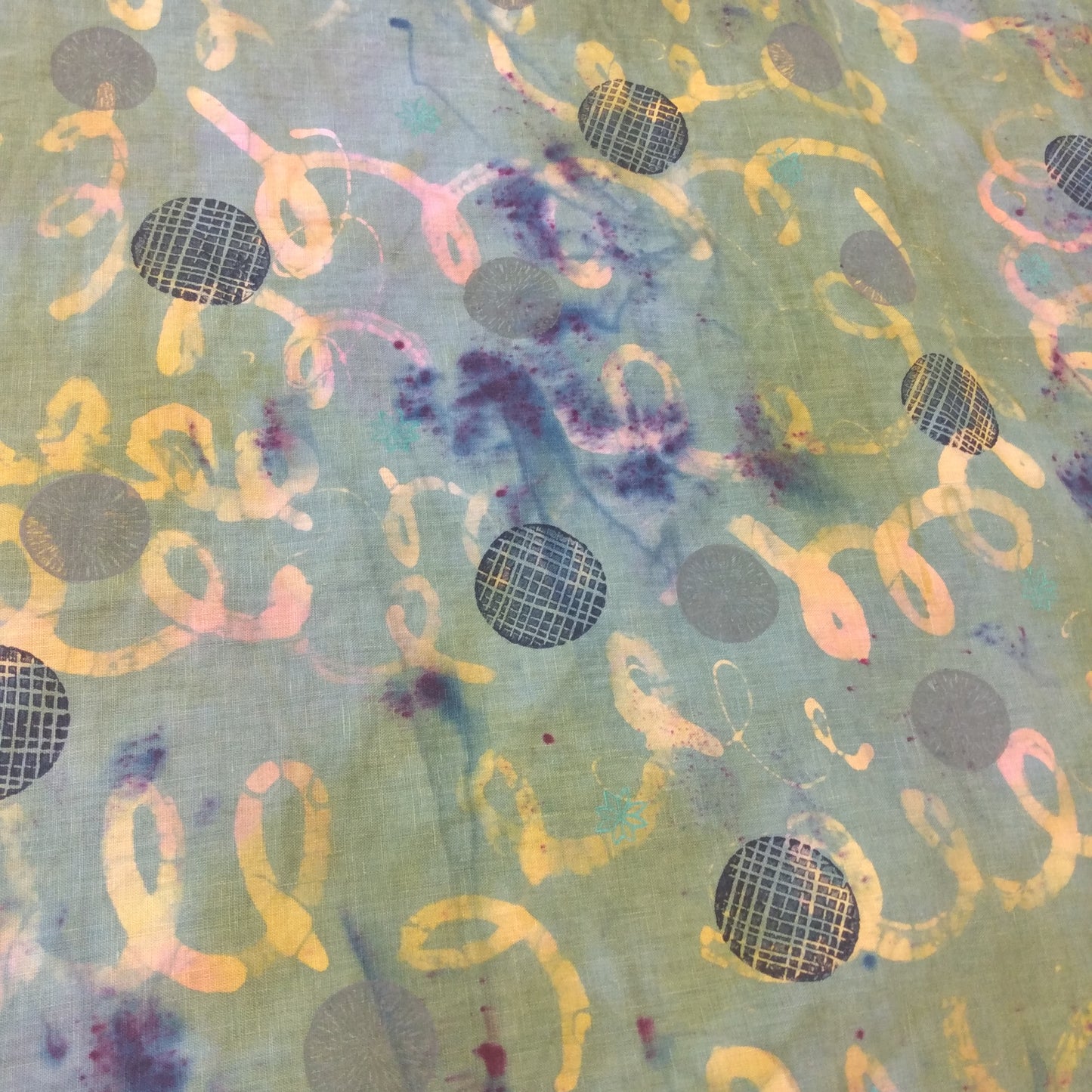 31" x 52" Light Blue Linen Table Runner with Wax and Ink Print