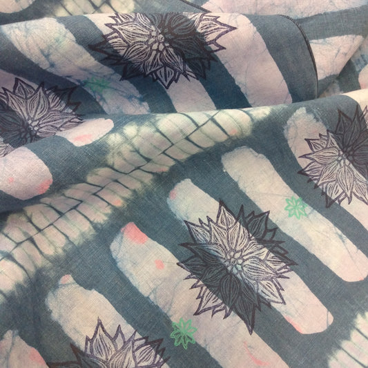 15" x 123" Blue Linen Table Runner with Wax and Ink Print