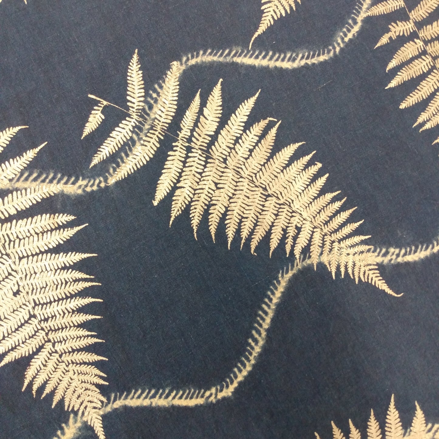 18" x 53" Blue Linen Table Runner with Stitch Resist Ink Print