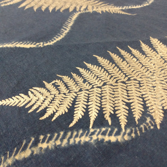 18" x 53" Blue Linen Table Runner with Stitch Resist Ink Print