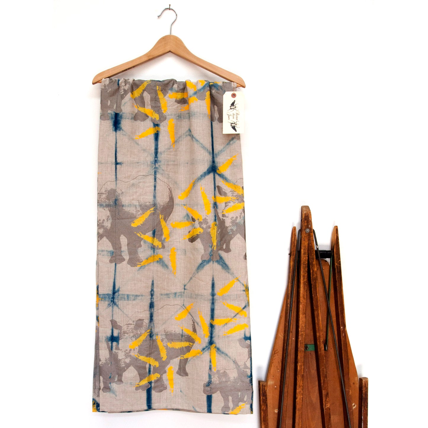 Indigo Dyed Linen with Printed Rhinos and Islands