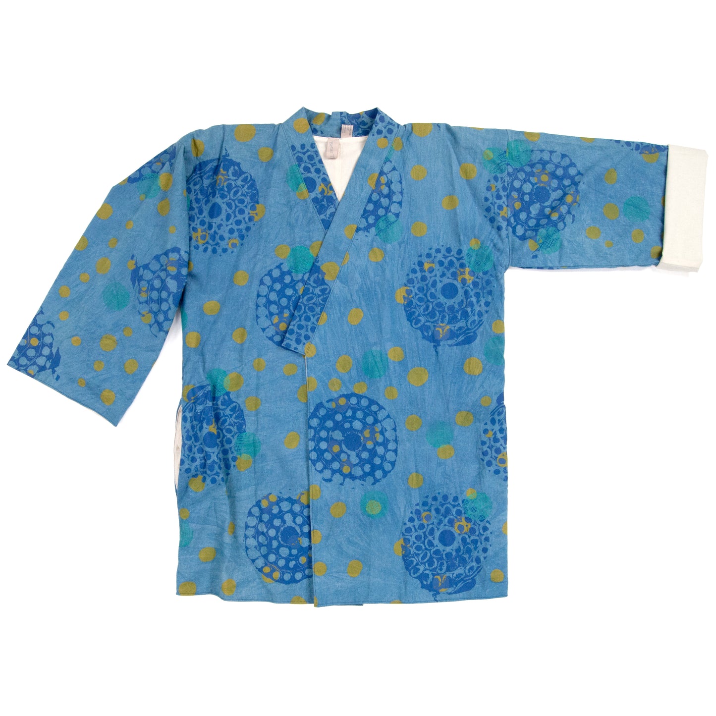Light Blue Linen Cotton Kimono Style Wrap with Polka Dots