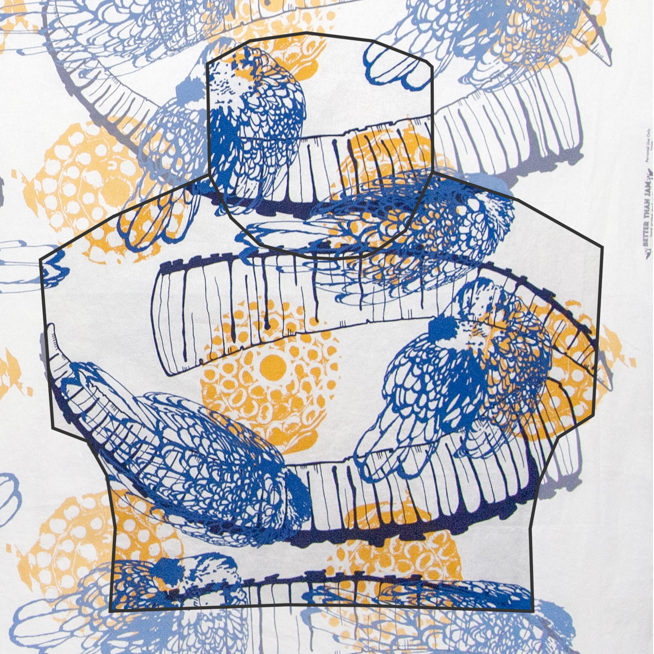 Hand Screenprinted Cotton/Linen  by Yard // Yellow Fireworks, Navy Blue Ibex Horn, Medium Blue Chickens