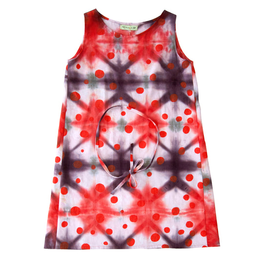 Reds Shibori Tent Dress with Polka Dots Print